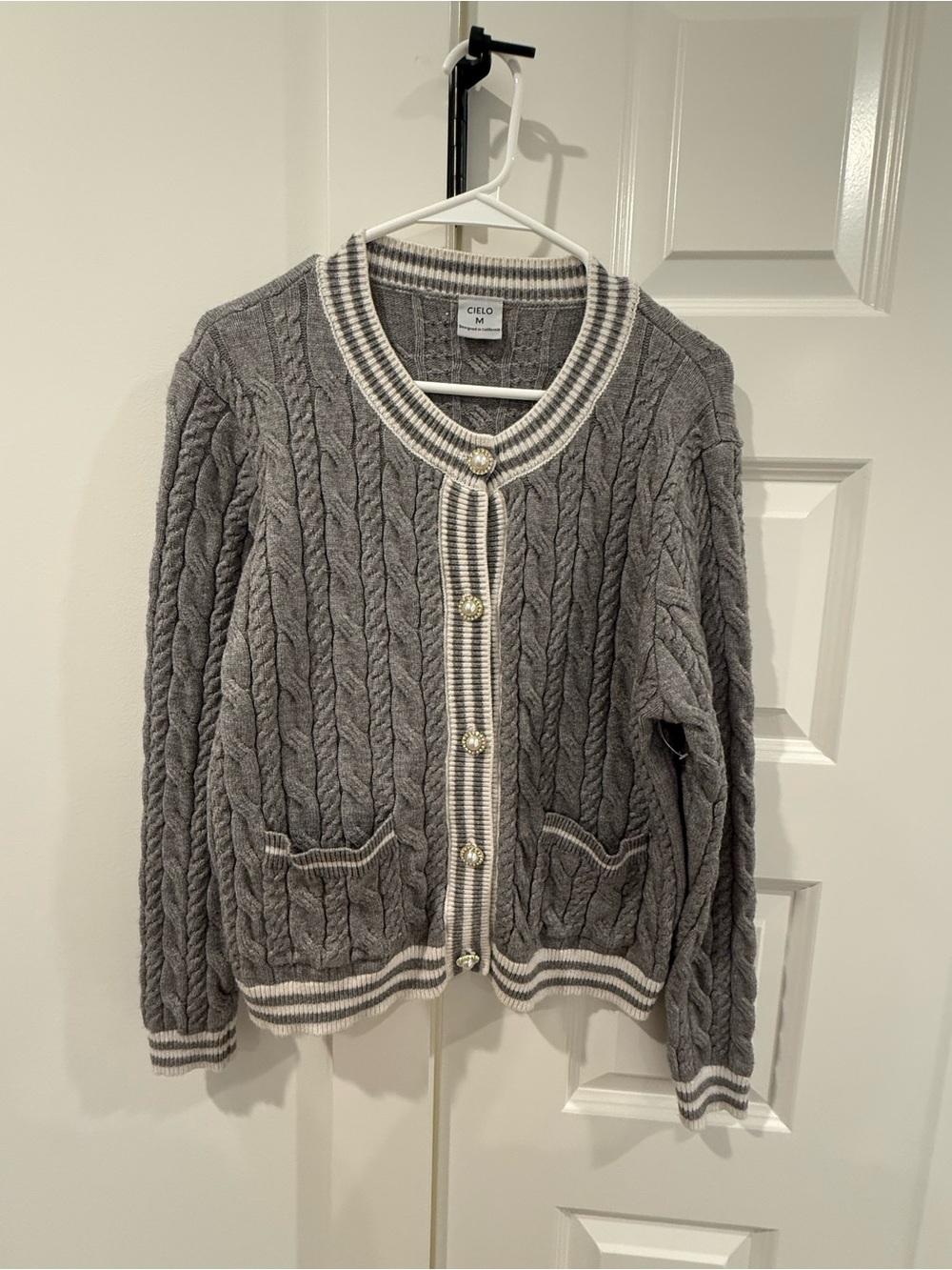 Cielo Gray Cable-Textured Cardigan with Contrasting Trim
